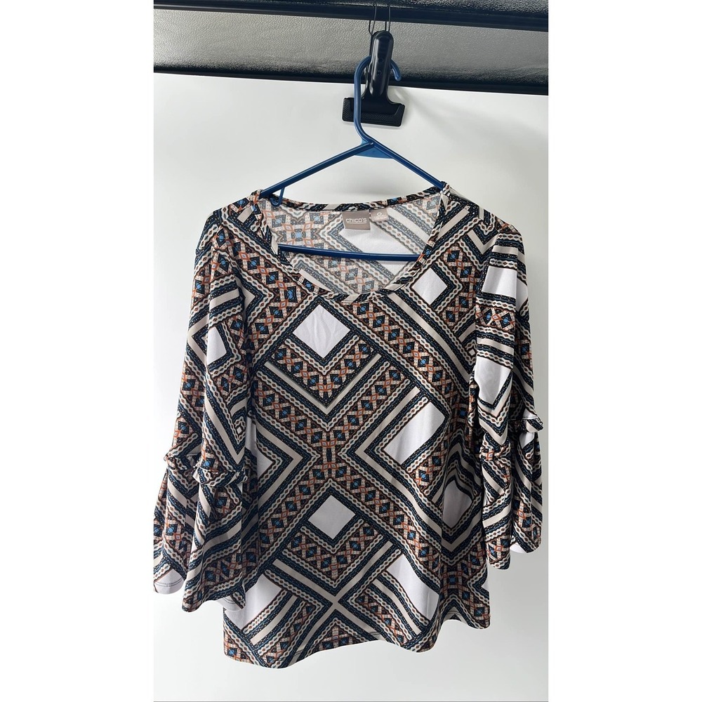 Chico's Women's Geometric 3/4 Bell Sleeve Blouse Top Blue Orange Size 0